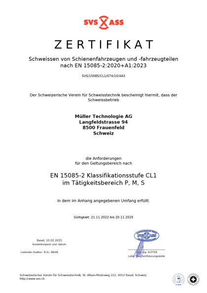 Zertifikat 15085-2 CL1 -  Müller Technologie AG -  Langfeldstr.